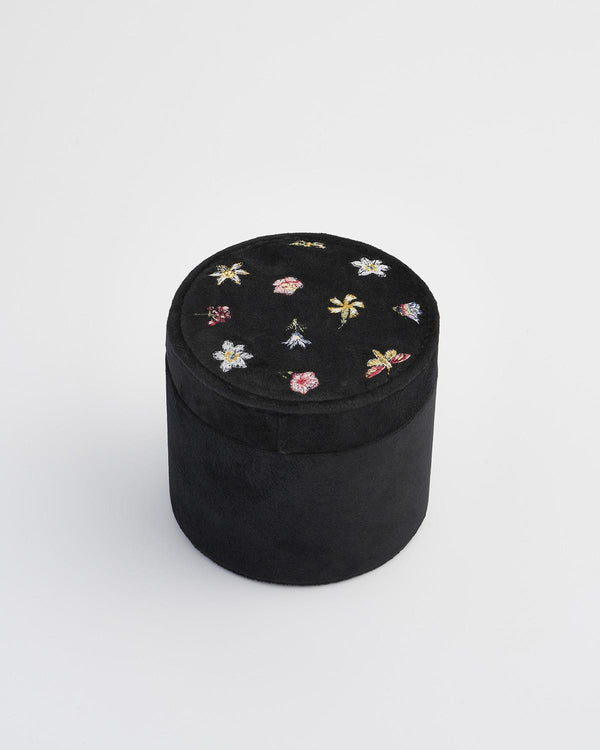 Floral Ditsy Embroidered Black Velvet Jewellery Box