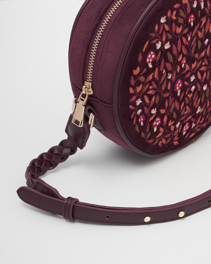 Magical Mushroom Embroidered Burgundy Velvet Circle Bag