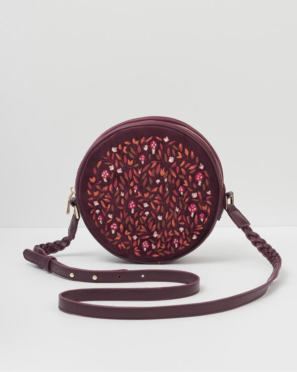 Magical Mushroom Embroidered Burgundy Velvet Circle Bag