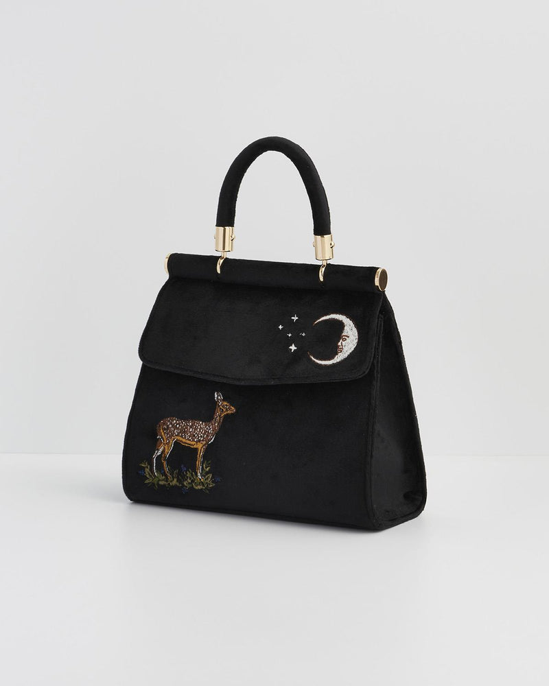 Deer Moon Embroidered Black Velvet Tote