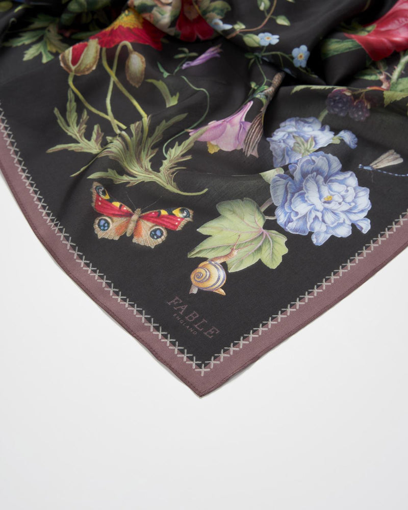 Black Fruity Floral Narrative Square Scarf