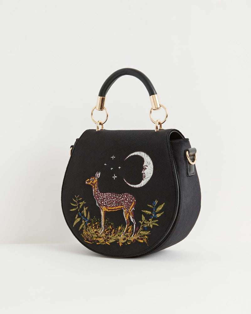 Deer & Moon Velvet Embroidered Saddle Bag - Black by Fable England