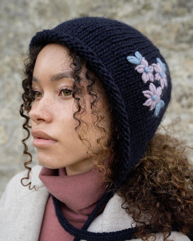 Forget-Me-Not Knitted Navy Bonnet