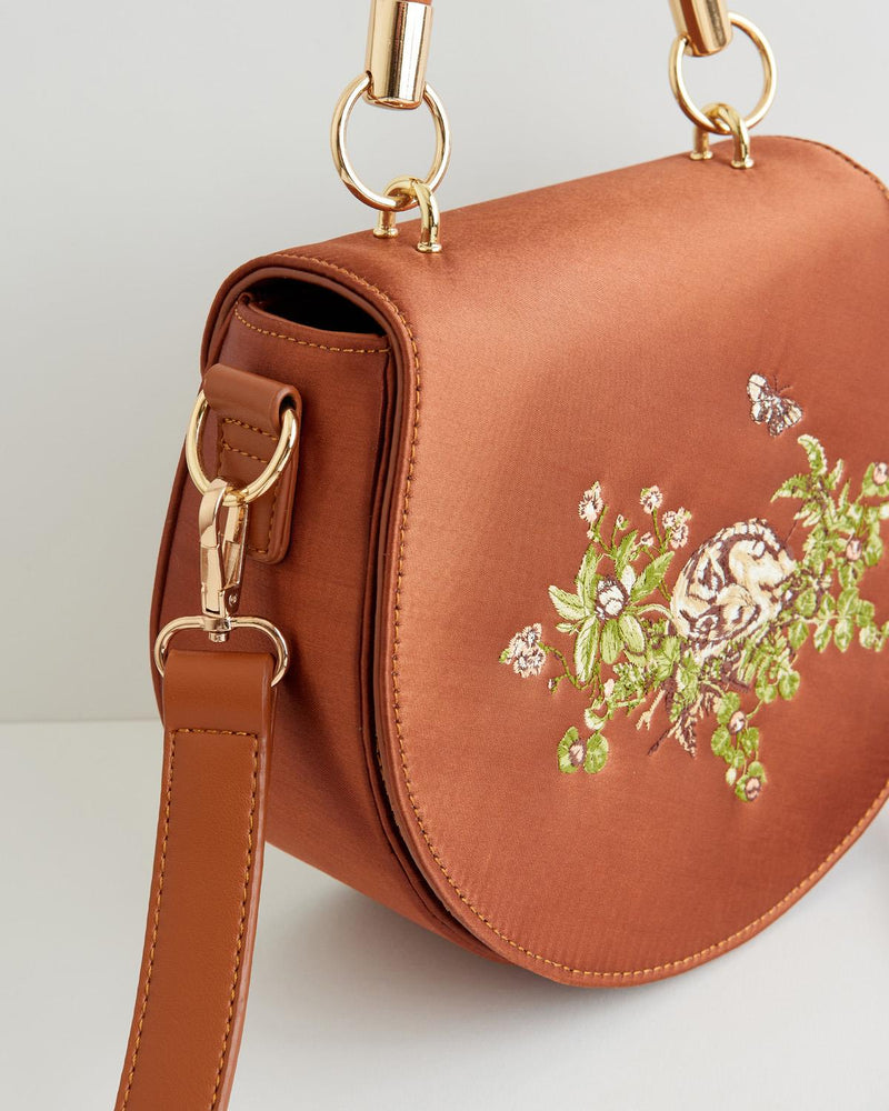 Sleepy Fawn Embroidered Satin Saddle Bag