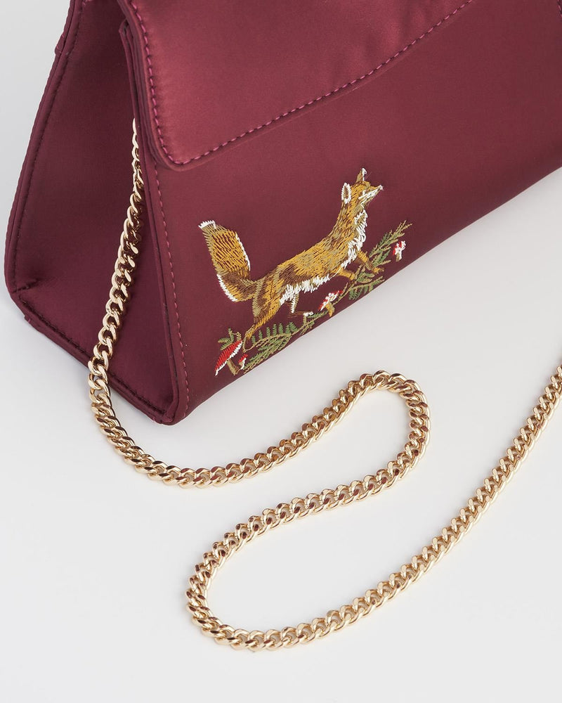 Fox & Mushroom Embroidered Burgundy Satin Tote