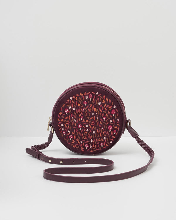 Magical Mushroom Embroidered Burgundy Velvet Circle Bag