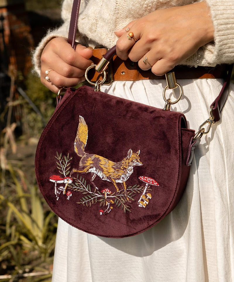 Fox & Mushroom Embroidered Saddle Bag - Redcurrant Velvet by Fable England