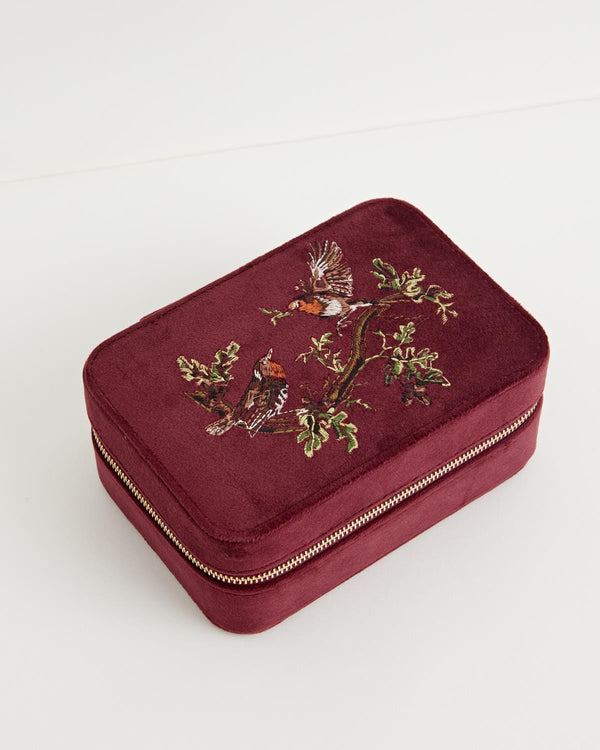 Robin Love Embroidered Large Jewellery Box Redcurrant Velvet by Fable England