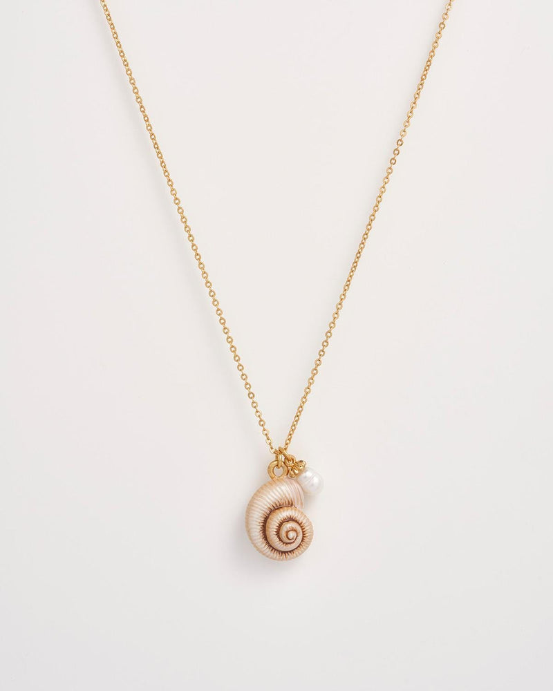 Sea Snail Shell and Pearl Worn Gold Short Necklace by Fable England