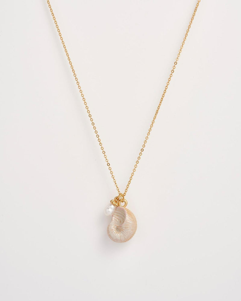 Sea Snail Shell and Pearl Worn Gold Short Necklace by Fable England