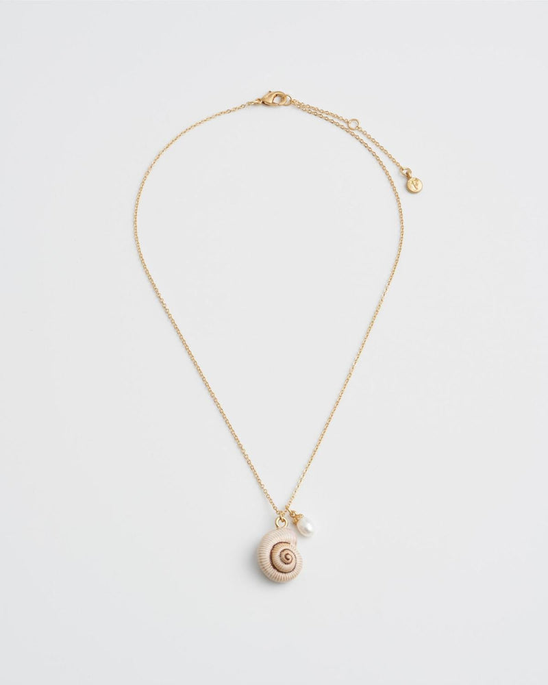 Sea Snail Shell and Pearl Worn Gold Short Necklace by Fable England